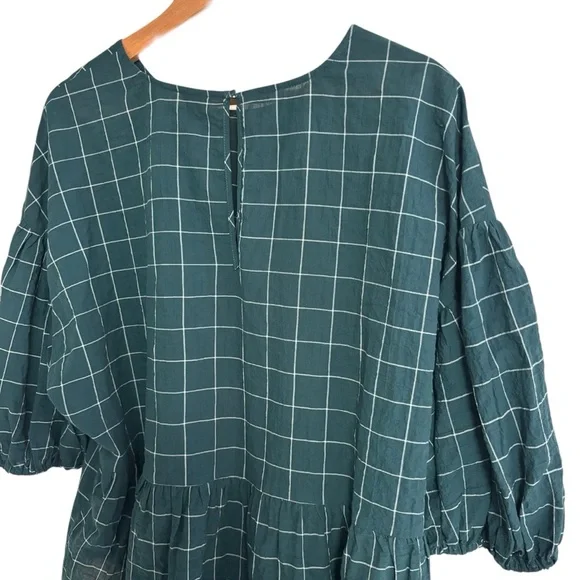 A new day green & white plaid windowpane peplum smock puff sleeve top size XL - Picture 11 of 14
